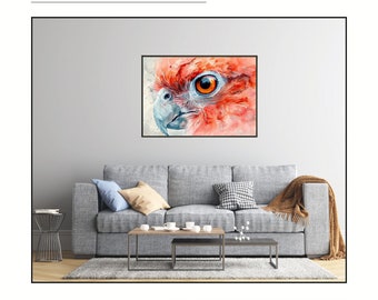 Premium-Wandkunst "Rotes Schimmern" auf Mattpapier mit Metallrahmen. Exklusives Papagei Wandbild