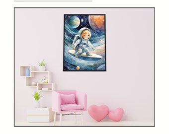 Premium wall art "Through space" made of matte paper with a wooden frame. Exclusive poster for the children's room