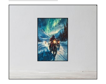 Premium wall art "Endless Ride" made of matte paper with a wooden frame. Exclusive motorcycle poster, only on Etsy.
