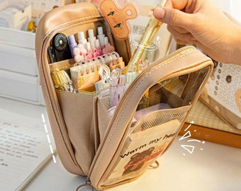 Jolie trousse esthétique transparente - Étui à stylos à fermeture éclair grande capacité pour fournitures scolaires