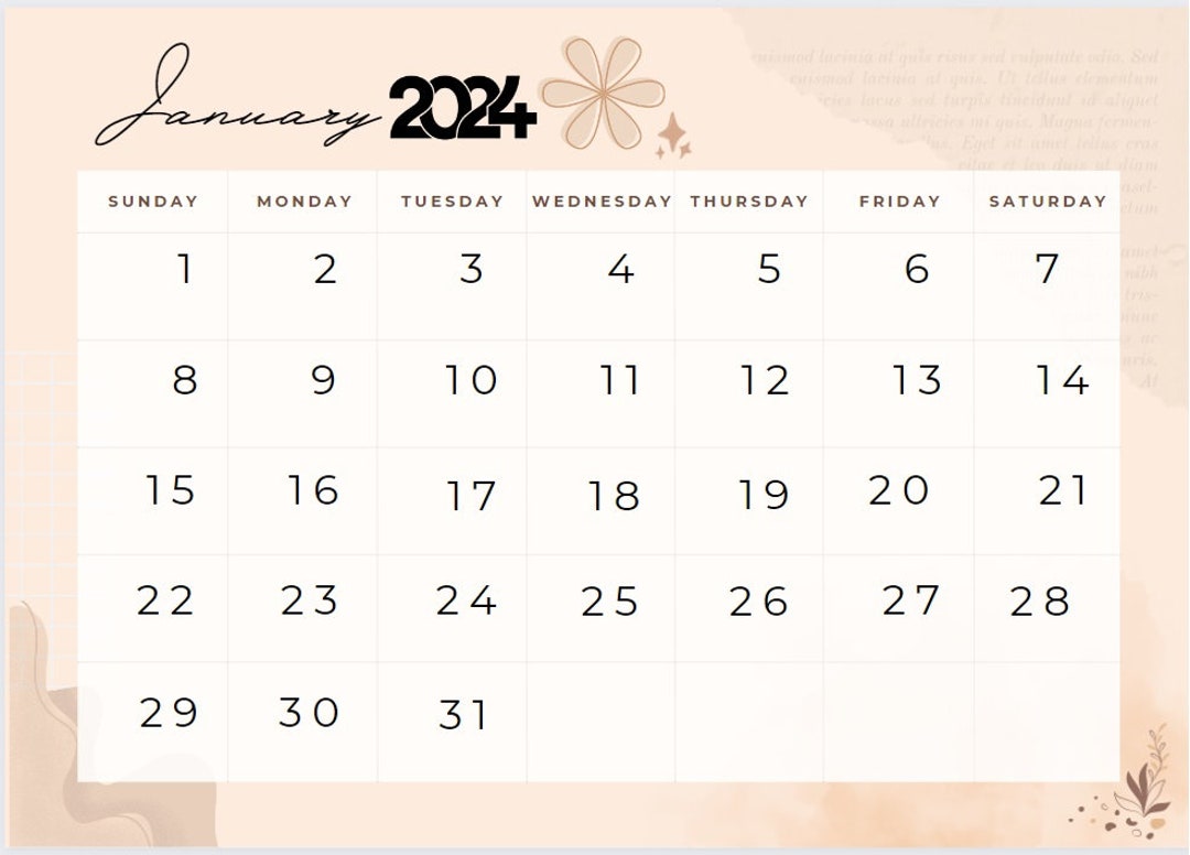 January 2024 Calendar Aesthetic Design A4 Landscape Etsy