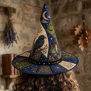 May include: A pointed witch hat featuring a quilted patchwork design in shades of blue, green, and cream. The fabric displays illustrations of a black crow, a crescent moon, a cauldron, and spiderwebs. A dark band with star motifs encircles the base.