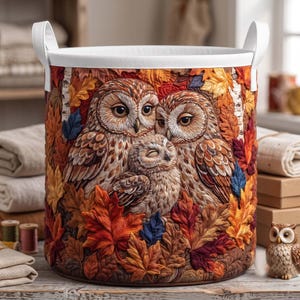 May include: A cylindrical storage basket with white handles featuring a detailed print of three owls nestled among vibrant autumn leaves in shades of orange, red, and brown. The design includes birch tree trunks and textured foliage.