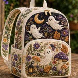 May include: A cream-coloured quilted backpack featuring embroidered designs of white ghosts, a golden crescent moon, purple and orange flowers, autumn leaves, mushrooms, and a small lantern. The bag has gold-tone zips and adjustable straps.