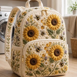 May include: A cream-colored quilted backpack featuring detailed embroidery of yellow sunflowers, green foliage, and bumblebees. The design includes hexagonal honeycomb patterns and gold-toned zippers on the main compartment and front pocket.