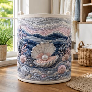 May include: A cylindrical fabric laundry hamper featuring a quilted ocean-themed design with shades of blue, pink, and white. The exterior displays embroidered waves, coral branches, and various seashells, with a central open shell holding a pearl.