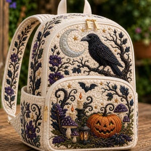 Puede incluir: Una mochila acolchada de color crema con bordados detallados de un cuervo negro sobre una rama bajo una luna creciente plateada. El bolsillo inferior muestra una calabaza, velas encendidas, setas, un murciélago y enredaderas florales.