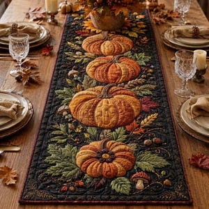 Puede incluir: Un camino de mesa acolchado rectangular con fondo negro y una fila central de cuatro calabazas naranjas. El diseño incluye hojas de otoño, bellotas y pequeñas setas bordadas en tonos verdes, marrones y dorados, con un borde cosido.