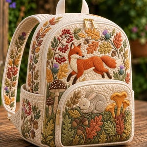 Peut inclure: Un sac à dos matelassé de couleur crème orné de broderies détaillées représentant un renard roux, un lapin endormi, des champignons, des glands et des feuilles d'automne. Il possède des fermetures éclair dorées et une poignée supérieure.