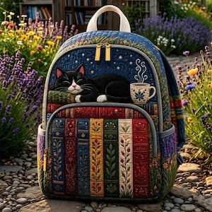 Puede incluir: Una mochila acolchada con un gato blanco y negro durmiendo sobre una pila de libros junto a una taza humeante. El diseño incluye un cielo estrellado sobre el gato y un patrón colorido de lomos de libros verticales con motivos florales.