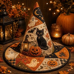 Op de afbeelding: Een gewatteerde stoffen heksenhoed met een patchworkontwerp met Halloween-motieven, waaronder een zwarte kat, pompoenen, spoken, vleermuizen en een maansikkel. De hoed is versierd met oranje, zwarte en crèmekleurige tinten en herfstbladeren.