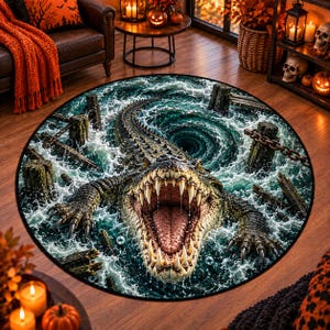 May include: A circular area rug featuring a high-contrast, detailed illustration of a large crocodile emerging from turbulent, dark teal water. The crocodile has its mouth wide open, revealing sharp teeth, surrounded by wooden posts and chains.