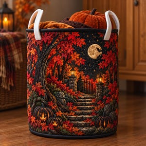 May include: A cylindrical fabric storage basket with two white handles, featuring a printed autumn scene of a stone staircase, glowing lanterns, orange maple leaves, and jack-o'-lanterns under a full moon, filled with a plush orange pumpkin.