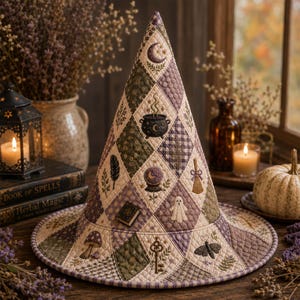 May include: A quilted witch hat featuring a diamond pattern in shades of purple, green, and cream. The fabric is decorated with embroidered motifs including a crescent moon, cauldron, crystal ball, ghost, mushroom, key, and moth.