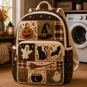 Könnte beinhalten: Ein gesteppter Rucksack mit Patchwork-Design und Halloween-Motiven wie einem Kürbis, Hexenhut, schwarzer Katze, Geistern, Fledermaus, Besen und einem brodelnden Kessel, alles vor einem dunklen Blumen- und Karomuster-Hintergrund.