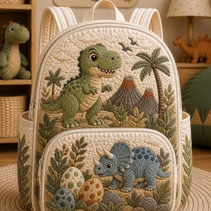 May include: A cream-coloured quilted backpack featuring an embroidered green T-Rex, a blue triceratops, and dinosaur eggs. The design includes palm trees, volcanoes, and foliage. It has two shoulder straps, a top handle, and side pockets.