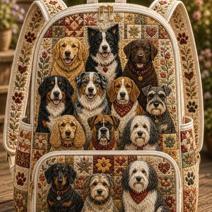 Könnte beinhalten: Ein gesteppter Rucksack mit einem Patchwork-Design aus verschiedenen Hunderassen, darunter ein Golden Retriever, ein Border Collie und ein Dackel. Der Stoff zeigt Blumen- und Herzmuster in Creme-, Braun- und Rottönen mit goldfarbenen Reißverschlüssen.