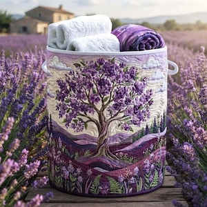May include: A cylindrical fabric laundry hamper featuring a quilted landscape design with a large purple flowering tree, rolling hills, and clouds. The hamper is filled with two white rolled towels and one purple rolled blanket, with white side handles.