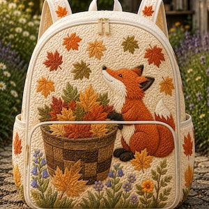 Puede incluir: Una mochila acolchada de color crema con un bordado que muestra a un zorro sentado junto a una cesta tejida llena de hojas de otoño. El diseño incluye hojas de arce dispersas, pequeñas flores azules, follaje verde y cremalleras doradas.