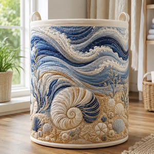 Könnte beinhalten: Ein zylindrischer Wäschekorb aus Stoff mit einem gesteppten Design aus Meereswellen in Blau- und Weißtönen, verziert mit einer Strandlandschaft am Boden, die gestickte Muscheln, Seesterne und Korallen in Beige- und Cremetönen zeigt.