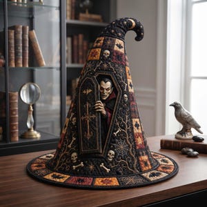 May include: A tall, quilted witch hat featuring a patchwork design of black, orange, and brown squares. The hat displays embroidered motifs of skulls, bones, spiderwebs, and bats. A vampire figure emerges from a coffin centered on the front.