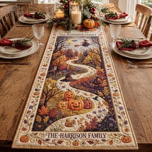 May include: A rectangular fabric table runner featuring a printed autumn scene with pumpkins, witch hats, a winding path, and trees. The text THE HARRISON FAMILY is printed at both ends. The runner is centred on a wooden table with place settings.