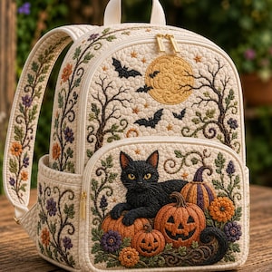 May include: A cream-coloured quilted backpack featuring intricate embroidery of a black cat resting among jack-o'-lanterns, colourful flowers, and vines. The upper section displays a golden moon, bare trees, and flying bats with gold-tone zippers.