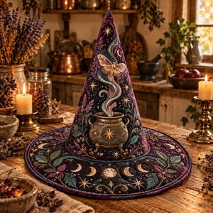 May include: A pointed purple witch hat featuring a quilted texture and intricate embroidery. The design displays a central cauldron with rising smoke, a butterfly, stars, and moon phases. The brim is decorated with botanical leaf patterns.