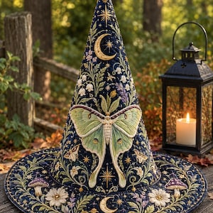 May include: A dark blue quilted pointed hat featuring intricate embroidery of a large pale green luna moth, golden crescent moons, stars, white flowers, purple lavender sprigs, and small mushrooms. The design covers the entire conical surface.