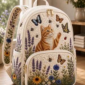 Puede incluir: Una mochila acolchada de color crema con un gato atigrado naranja bordado alcanzando una mariposa. El diseño incluye ramas de lavanda, girasoles, margaritas, abejas y varias mariposas, con cremalleras doradas y correas acolchadas para los hombros.