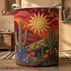 May include: A cylindrical fabric laundry hamper featuring a quilted desert landscape design. The scene displays a large yellow sun, saguaro cacti, and colorful wildflowers in shades of orange, purple, and yellow against a red and orange sky.