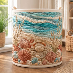 May include: A cylindrical fabric storage basket featuring a quilted coastal scene with a sandy beach, turquoise ocean waves, tall beach grass, a central crab, various seashells, and a starfish, finished with a cream-coloured top rim.
