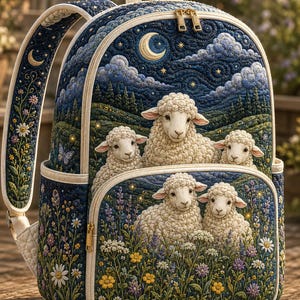 May include: A quilted backpack featuring a night scene with a crescent moon, starry sky, and rolling hills. The design includes four white sheep in a field of colorful wildflowers, with floral patterns on the straps and gold-toned zipper hardware.