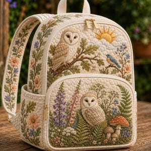 Pode incluir: Uma mochila acolchoada de cor creme com bordados detalhados de duas corujas, um sol amarelo, um pássaro azul, cogumelos e várias flores silvestres, incluindo uma alça superior, alças de ombro ajustáveis e fechos de correr dourados.