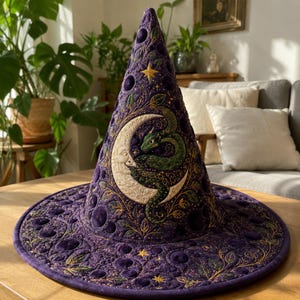 May include: A deep purple quilted witch hat featuring intricate gold and green embroidery. The design showcases a crescent moon with a face, a coiled green dragon, and scattered stars. The fabric is textured with circular patterns and foliage.
