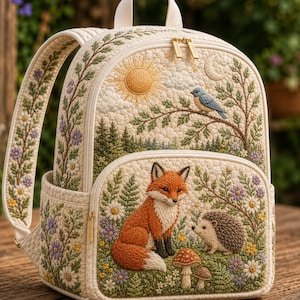May include: A cream-coloured quilted backpack featuring intricate embroidery of a fox, a hedgehog, mushrooms, and wildflowers. The upper section displays a sun, a crescent moon, and a blue bird on a branch. The straps are decorated with floral patterns.