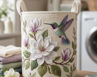 White Floral Hummingbird Quilted Laundry Basket, Botanical Garden Storage Bin Hamper