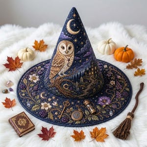 May include: A dark blue quilted witch hat featuring a printed design of a barn owl, a crescent moon, stars, a castle, and floral motifs. The brim is decorated with illustrations of a key, a compass, an hourglass, and crystals.