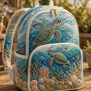 May include: A quilted backpack featuring a vibrant ocean scene with two sea turtles swimming among coral, seashells, and small fish. The design uses shades of blue, teal, and coral, with gold-toned zips and a top handle on a white trim.