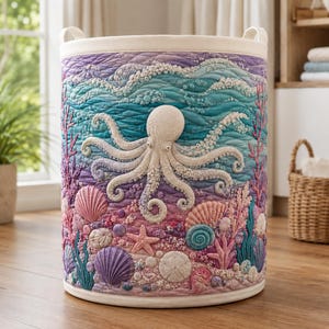 May include: A cylindrical fabric laundry hamper featuring a quilted design of an octopus surrounded by seashells, starfish, and coral. The color palette includes shades of purple, teal, and pink, with a cream-colored rim and two integrated handles.