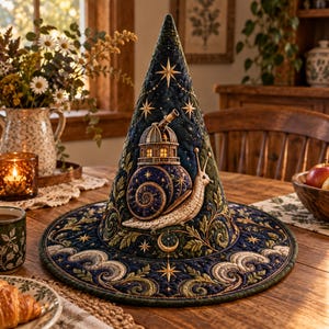 May include: A dark blue and green quilted cone-shaped hat featuring an embroidered snail with a telescope observatory shell. The design includes gold stars, a crescent moon, and swirling wave patterns along the wide brim, all stitched in detail.