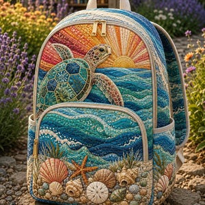 Op de afbeelding: Een gewatteerde rugzak met een levendige oceaan-scène met een zeeschildpad die boven golven zwemt, een zonsopgang en een zanderige voorgrond versierd met diverse schelpen en een zeester. De tas heeft goudkleurige ritsen en een handvat.