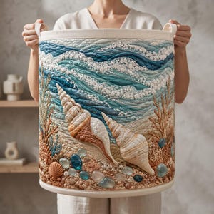 Könnte beinhalten: Ein zylindrischer Aufbewahrungskorb aus Stoff mit einer gesteppten Meereslandschaft, die blaue Wellen mit weißem Schaum, zwei große beige Spiralschnecken, braune korallenartige Strukturen sowie blaue und klare Kieselsteine zeigt.