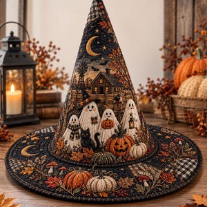 May include: A quilted witch hat featuring a dark navy and black fabric base with an intricate autumn scene. The design includes white ghosts, a black cat, orange pumpkins, falling leaves, a crescent moon, and a rustic house with a windmill.