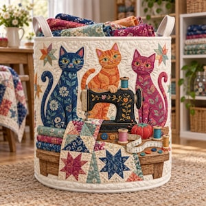 Könnte beinhalten: Ein zylindrischer Aufbewahrungskorb aus Stoff mit gestepptem Design, das drei Katzen in Blau, Orange und Pink, eine schwarze Nähmaschine, Stoffstapel, ein rotes Nadelkissen, Garnrollen, Knöpfe und ein Maßband auf einem Holztisch zeigt.