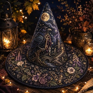 May include: A dark blue pointed hat featuring an intricate embroidered design of a black raven holding a gold key, a full moon, a starry night sky, a stone bridge, and a tower. The wide brim is decorated with purple flowers, keys, and an hourglass.