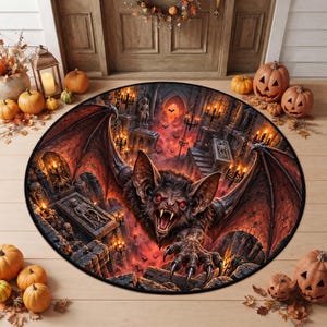 Vampire Bat Gothic Crypt Round Rug: Dark Creature Pit Floor Mat, Halloween Illusion Area Rug, Halloween Decor