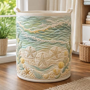 May include: A cylindrical fabric laundry hamper featuring a quilted design of ocean waves in shades of green and blue, with sandy beige accents at the base. The surface is decorated with embroidered sand dollars, seashells, and starfish.