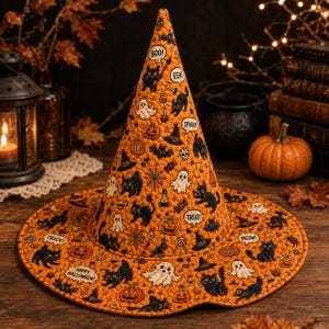 May include: A quilted orange witch hat featuring a repeating pattern of black cats, white ghosts, pumpkins, spiderwebs, and candy. The fabric includes speech bubbles with the text BOO!, EEK!, SPOOKY!, HI!, TRICK!, TREAT!, MEOW!, YAY!, and HAPPY HALLOWEEN!