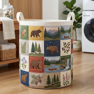 Patchwork Quilted Laundry Basket, Woodland Bear Forest Animal Storage Bin Hamper